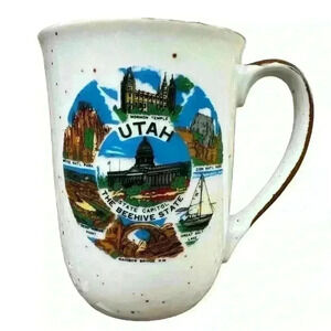 Vintage Utah souvenir speckled stoneware mug with brown luster glaze on handle